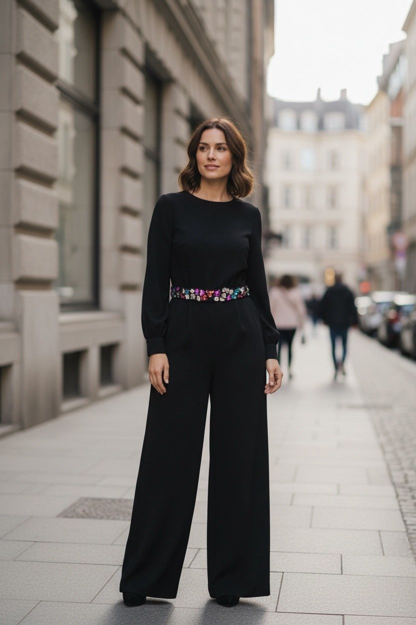 DRESS THE POPULATION PILAR BELTED JUMPSUIT