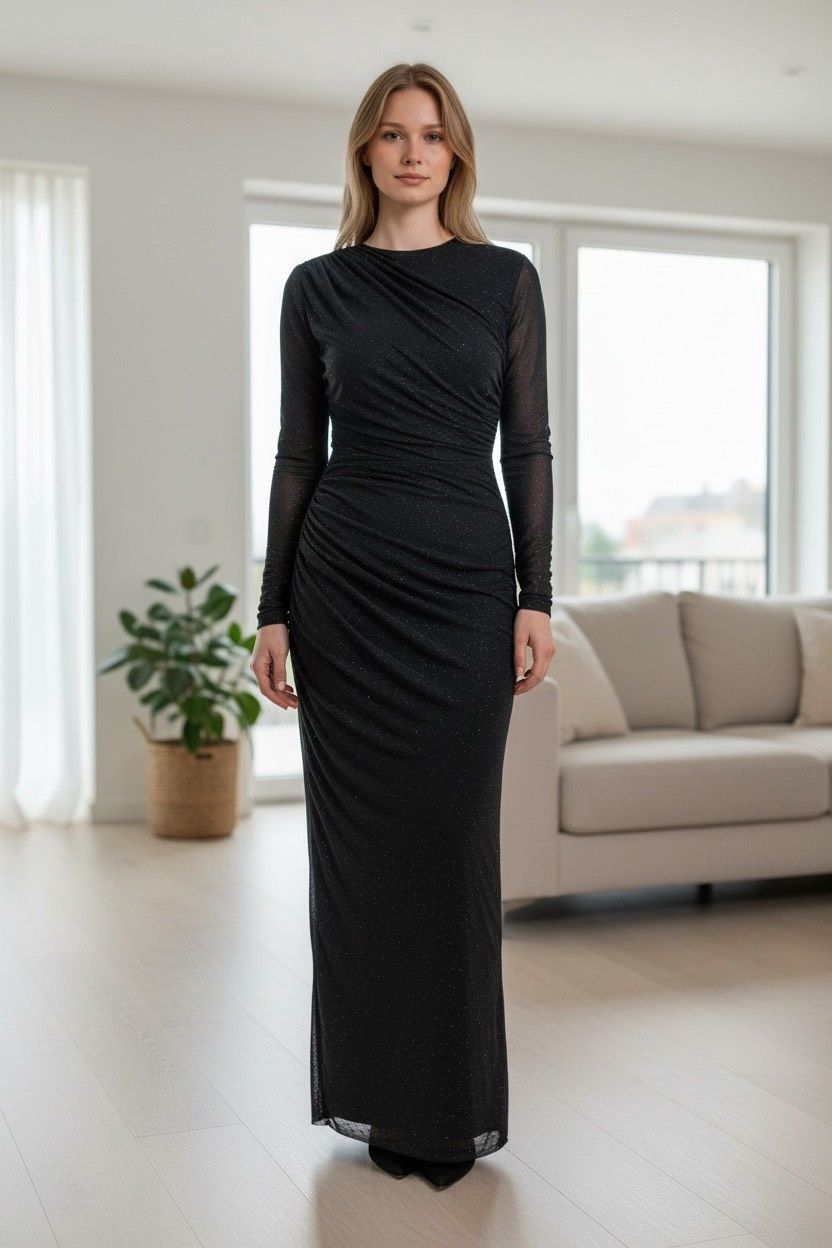 BETSY &amp; ADAM EMBELLISHED RUSHED GOWN, Colour: BLACK, Size: 16