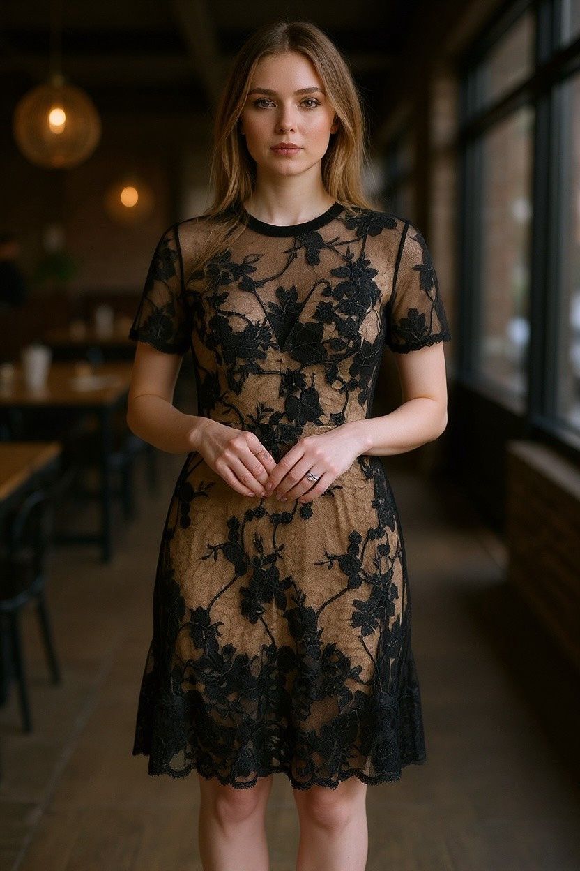 DRESS THE POPULATION AUDREY FLORAL APPLIQUE LACE MINI DRESS