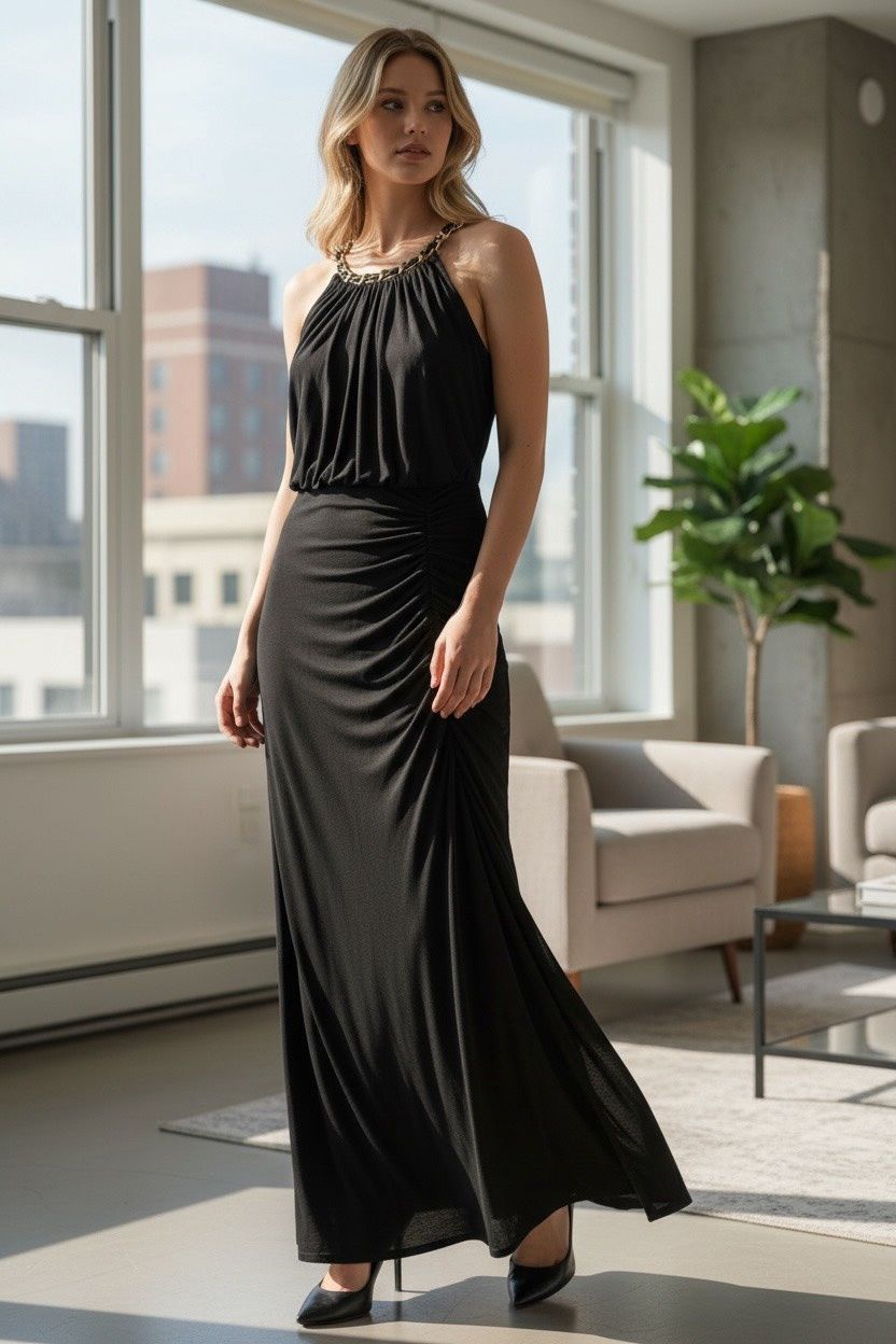 ELIZA J CHAIN LINK HALTER BLOUSE GOWN