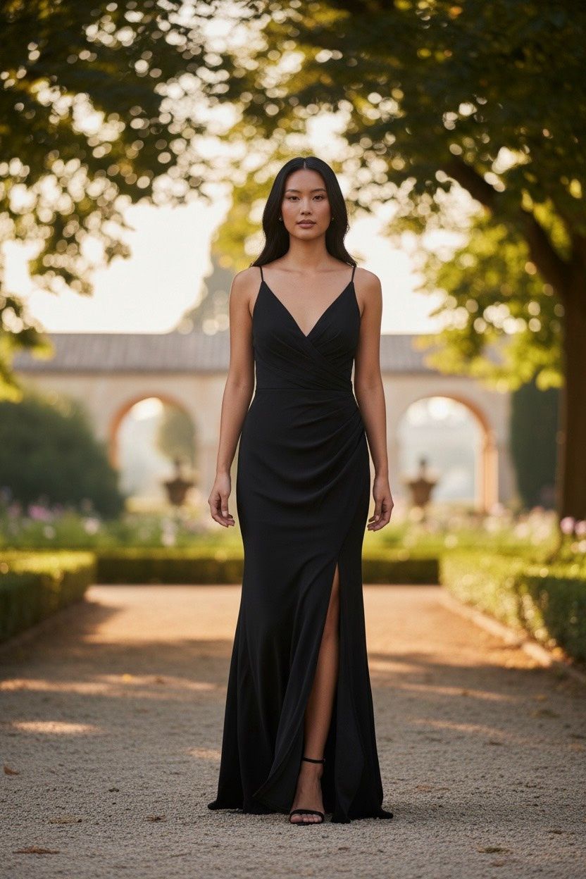 DRESS THE POPULATION JORDAN V-NECK RUSHED BODYCON MAXI DRESS, Colour: BLACK, Size: L