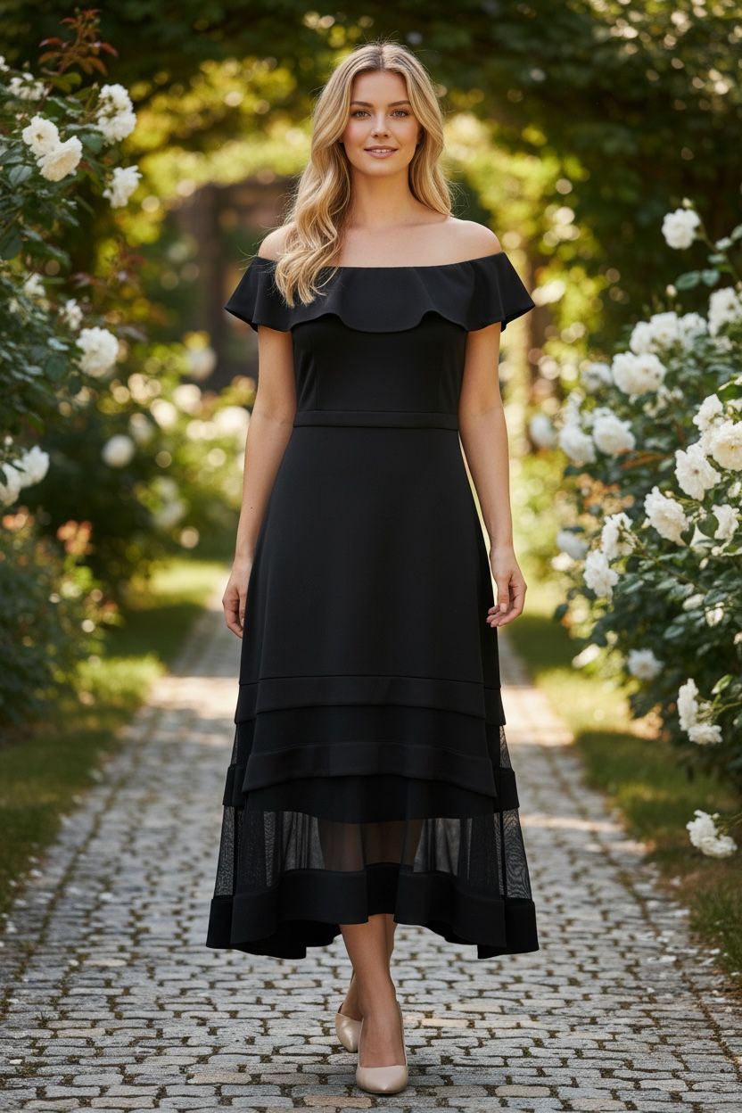 XSCAPE ILLUSION HIGH-LOW FLARE DRESS