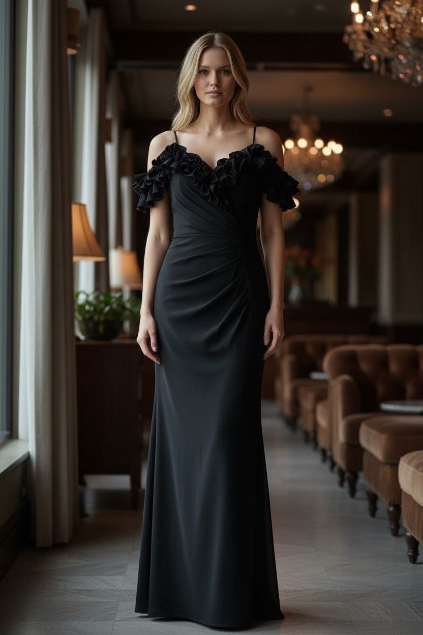 XSCAPE HALTER STRAP RUFFLED GOWN, Colour: BLACK, Size: 8