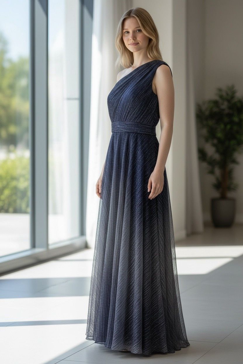 BETSY &amp; ADAM METALLIC OMBRE ONE-SHOULDER GOWN