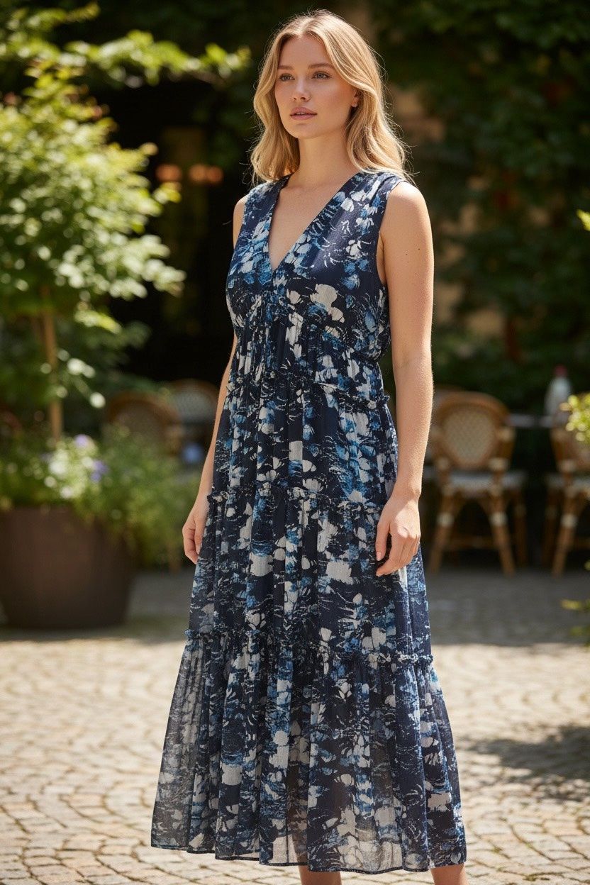 DKNY SLEEVELESS V-NECK WAIST DRAWSTRING TIERED DRESS