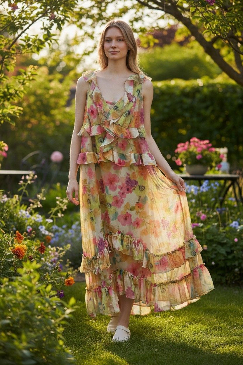 ADRIANNA PAPELL RUFFLED HIGH-LOW DRESS, Colour: PINK MULTI, Size: 14 W