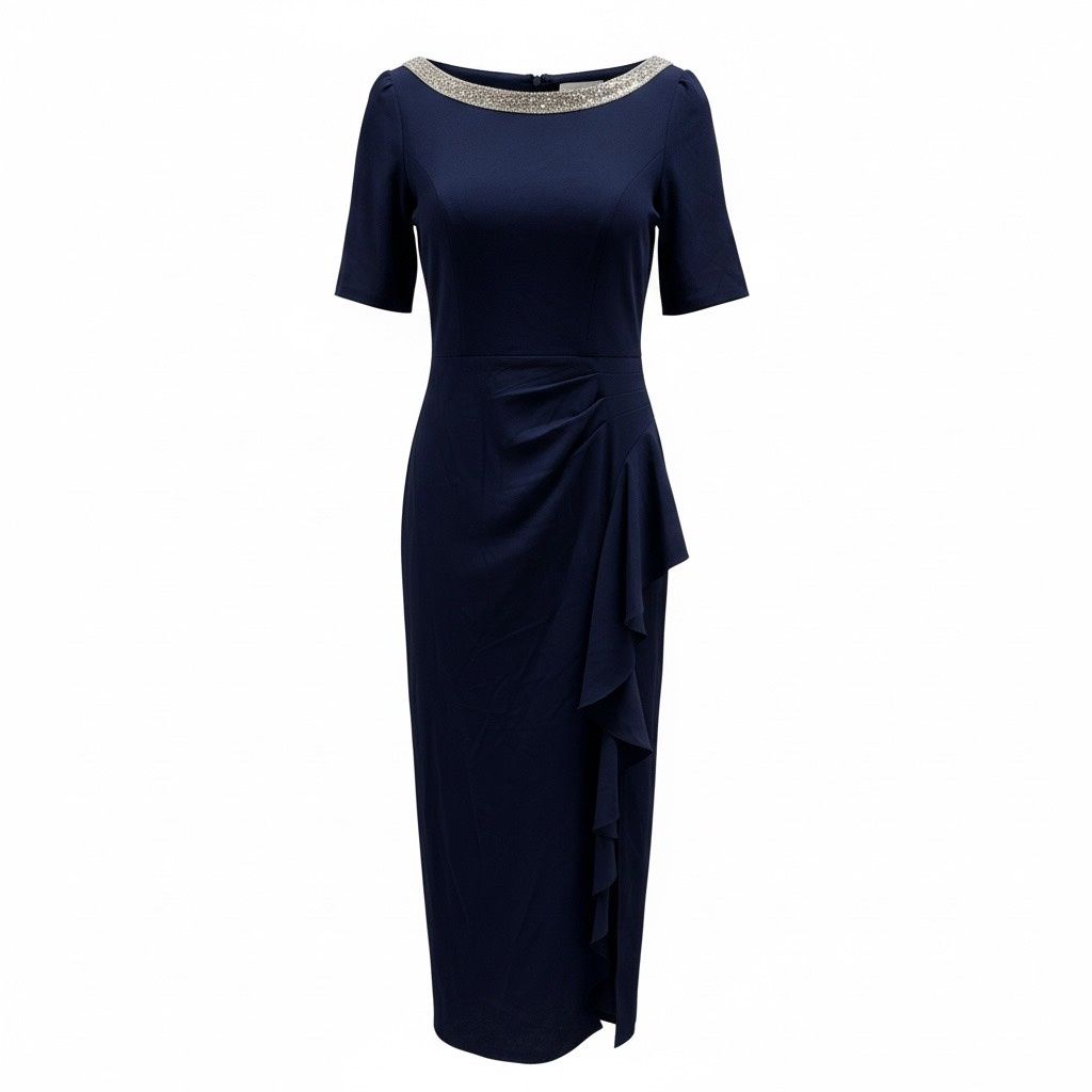 ALEX EVENINGS PLUS SIZE CREPE BOAT NECK SHORT SLEEVE RUFFLE CASCADE A LINE GOWN