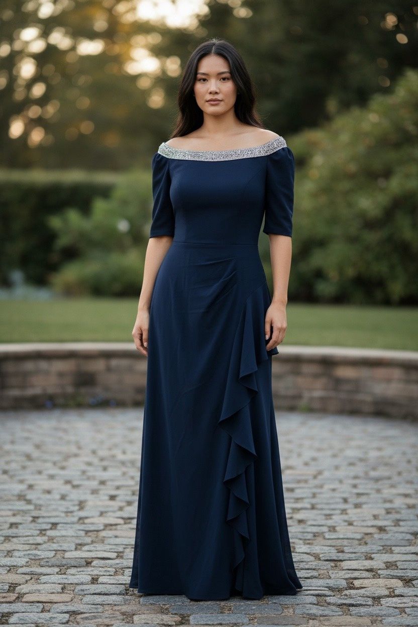 ALEX EVENINGS PLUS SIZE CREPE BOAT NECK SHORT SLEEVE RUFFLE CASCADE A LINE GOWN, Colour: NAVY, Size: 14