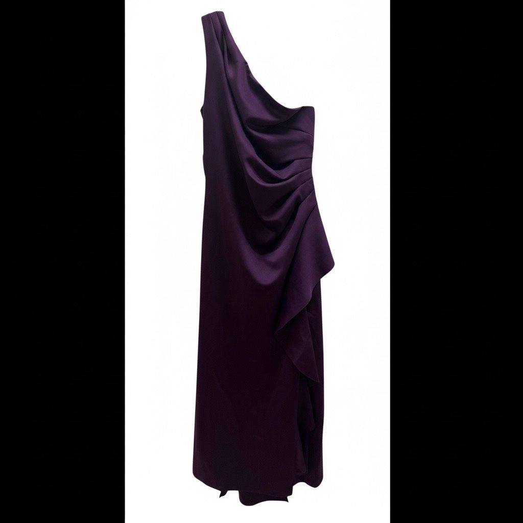 XSCAPE RUFFLED ONE SHOULDER SCUBA GOWN, Colour: PLUM, Size: 16