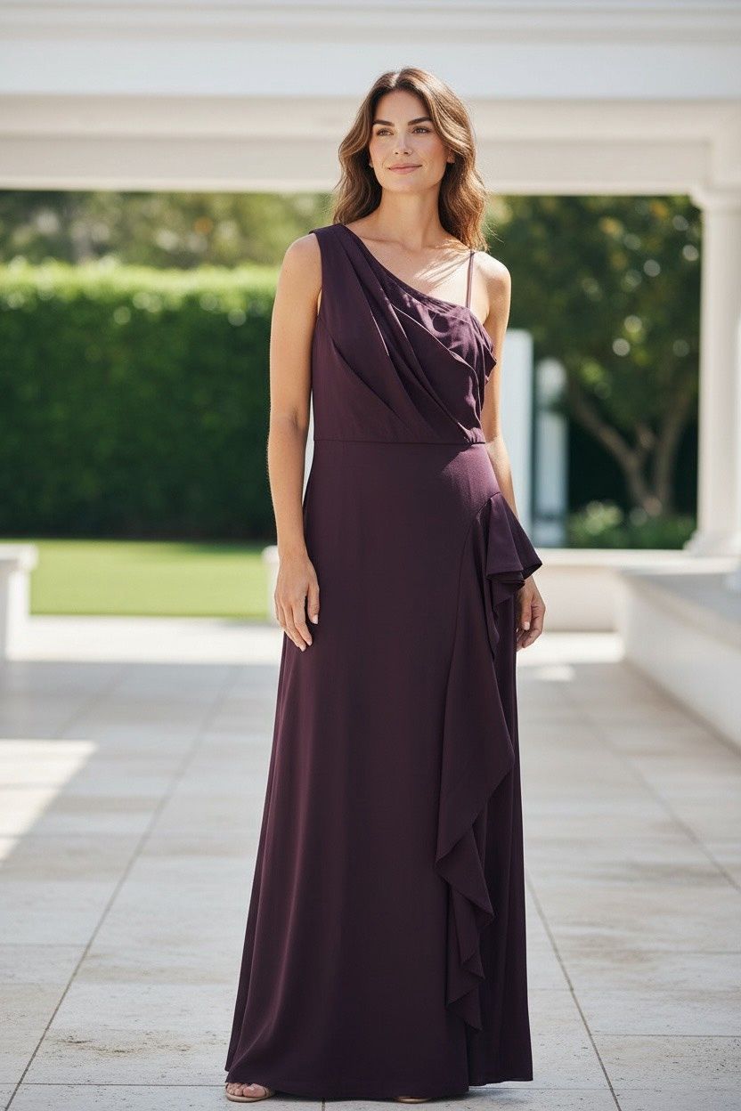 ADRIANNA PAPELL ONE SHOULDER SATIN CREPE GOWN, Colour: BORDEAU GLOW, Size: 16