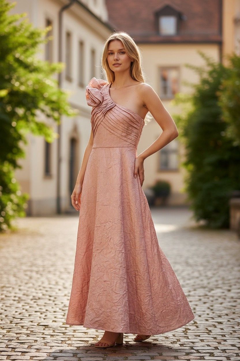 TAHARI ROSETTE ONE-SHOULDER BALL GOWN