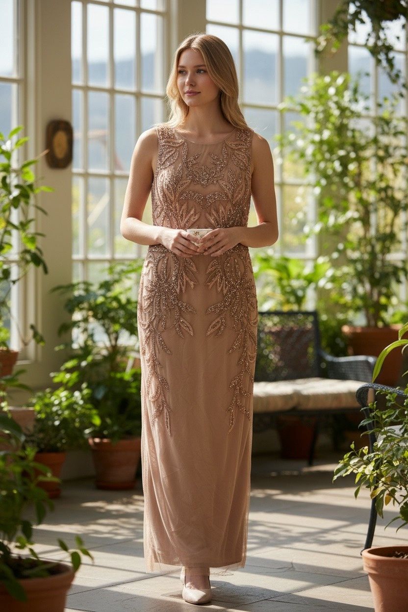 ADRIANNA PAPELL BEADED GOWN, Colour: ROSE GOLD, Size: 8