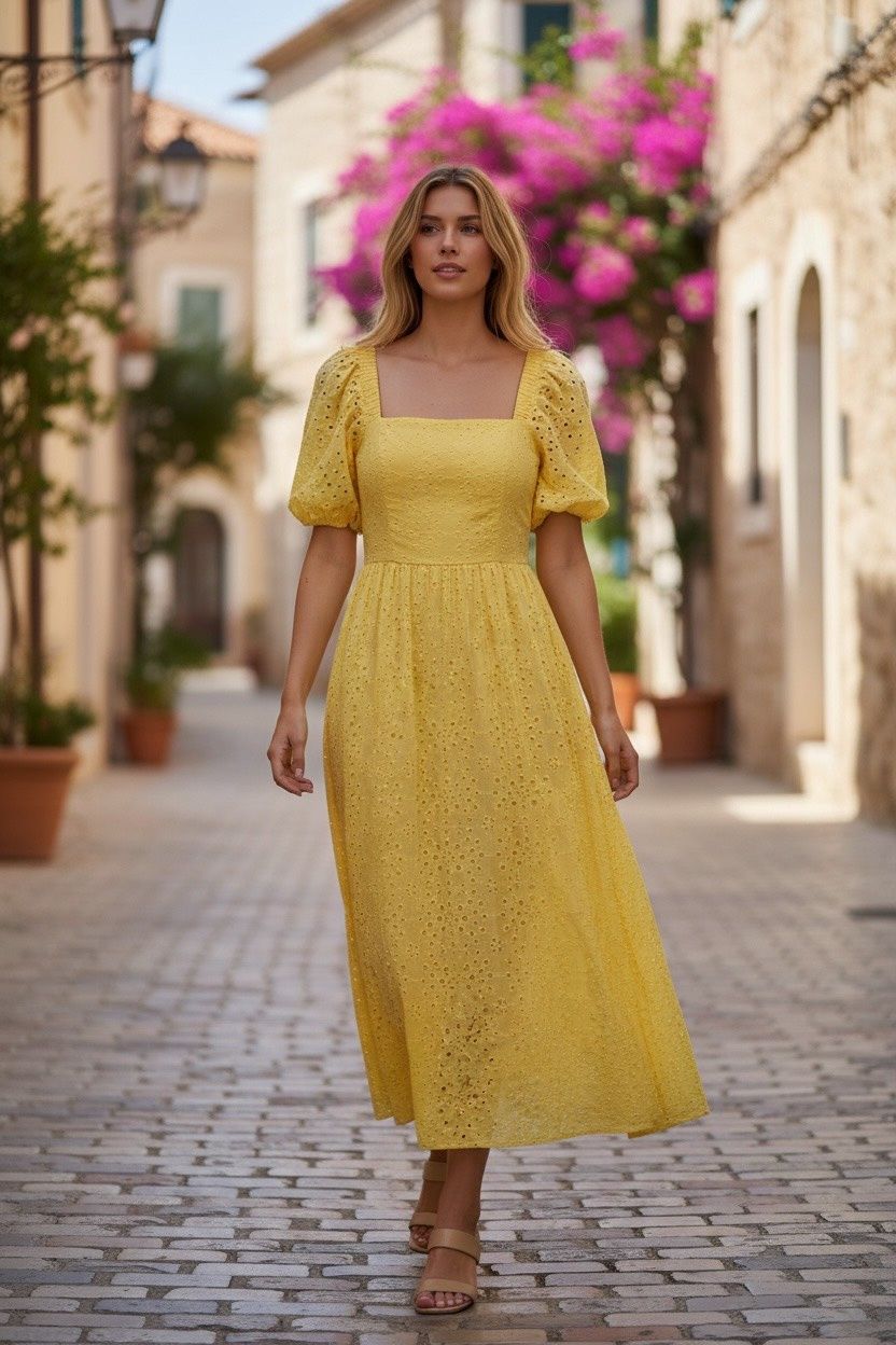 CECE SQUARED - NECK BUBBLE SLEEVE COTTON DRESS, Colour: FRESH LEMON, Size: L