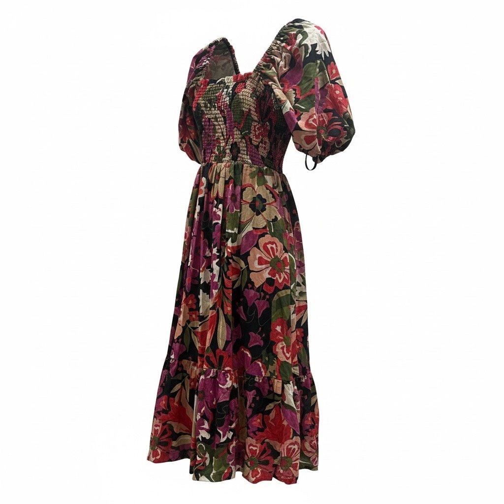 ANNE KLEIN SMOCKED PUFF-SLEEVE FLORAL MIDI DRESS