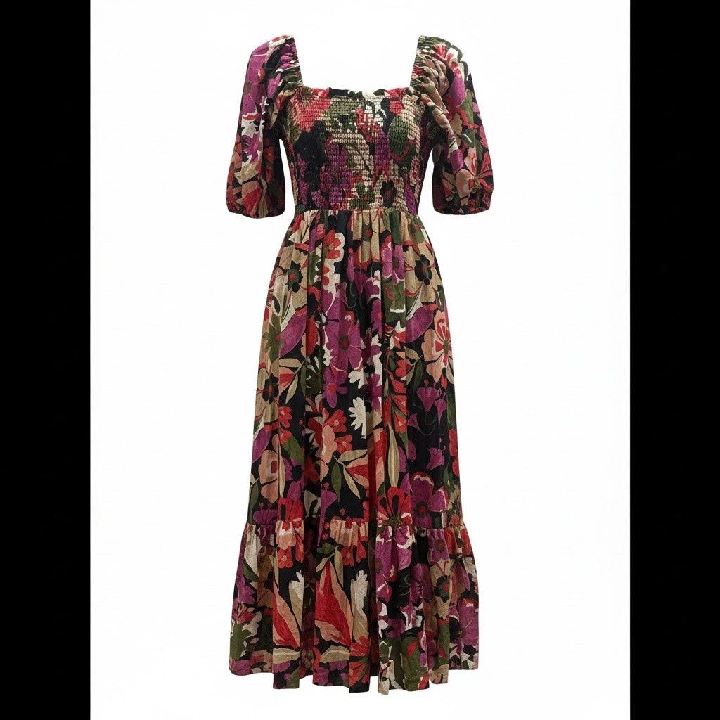 ANNE KLEIN SMOCKED PUFF-SLEEVE FLORAL MIDI DRESS