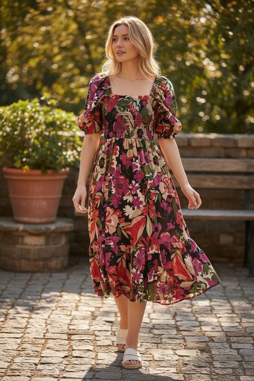 ANNE KLEIN SMOCKED PUFF-SLEEVE FLORAL MIDI DRESS