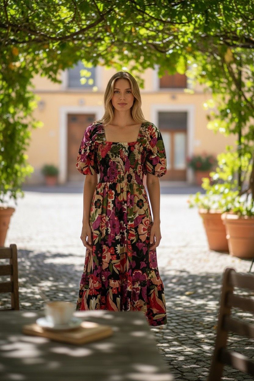 ANNE KLEIN SMOCKED PUFF-SLEEVE FLORAL MIDI DRESS