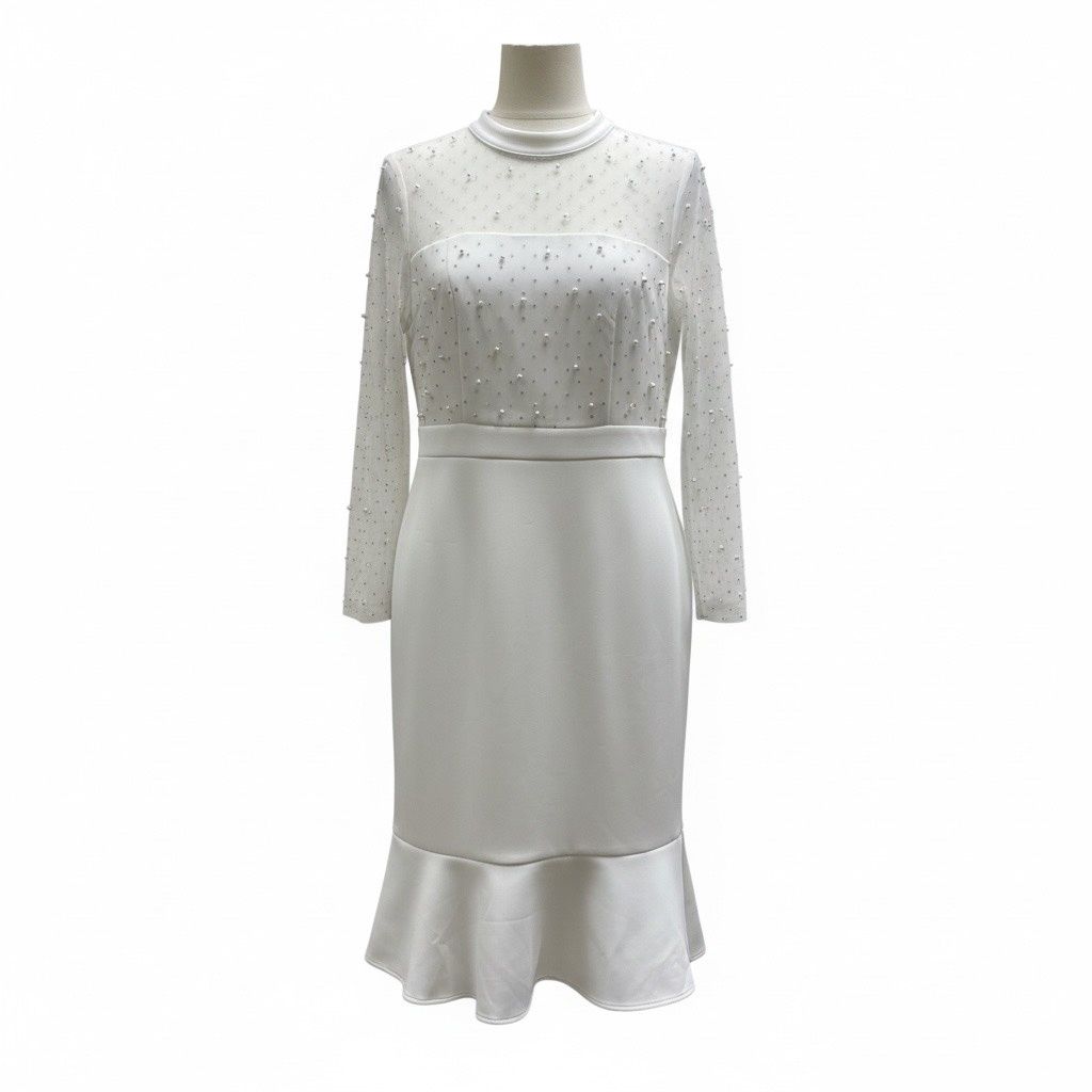 LONDON TIMES EMBELLISHED ILLUSION LONG SLEEVE MIDI DRESS
