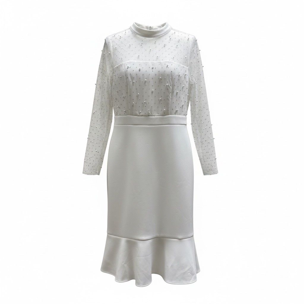 LONDON TIMES EMBELLISHED ILLUSION LONG SLEEVE MIDI DRESS