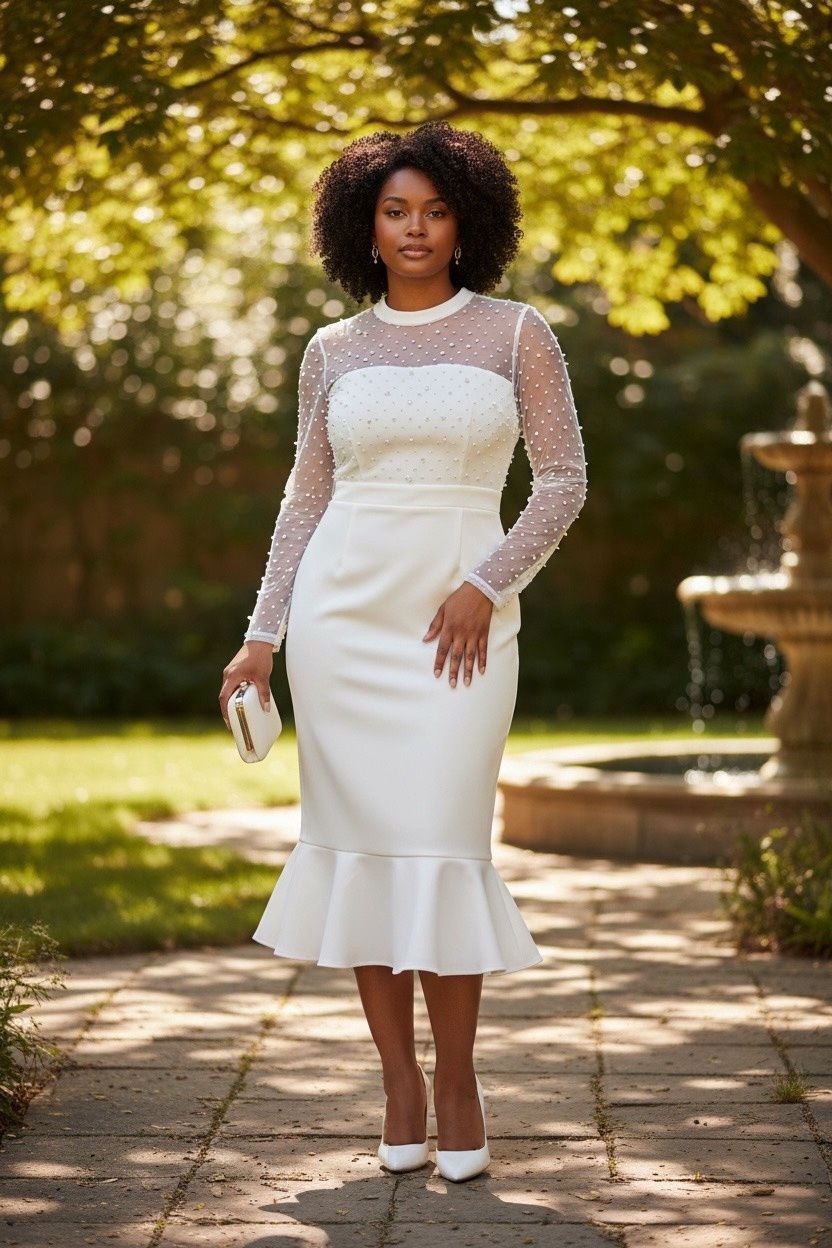 LONDON TIMES EMBELLISHED ILLUSION LONG SLEEVE MIDI DRESS, Colour: IVORY, Size: 10 P