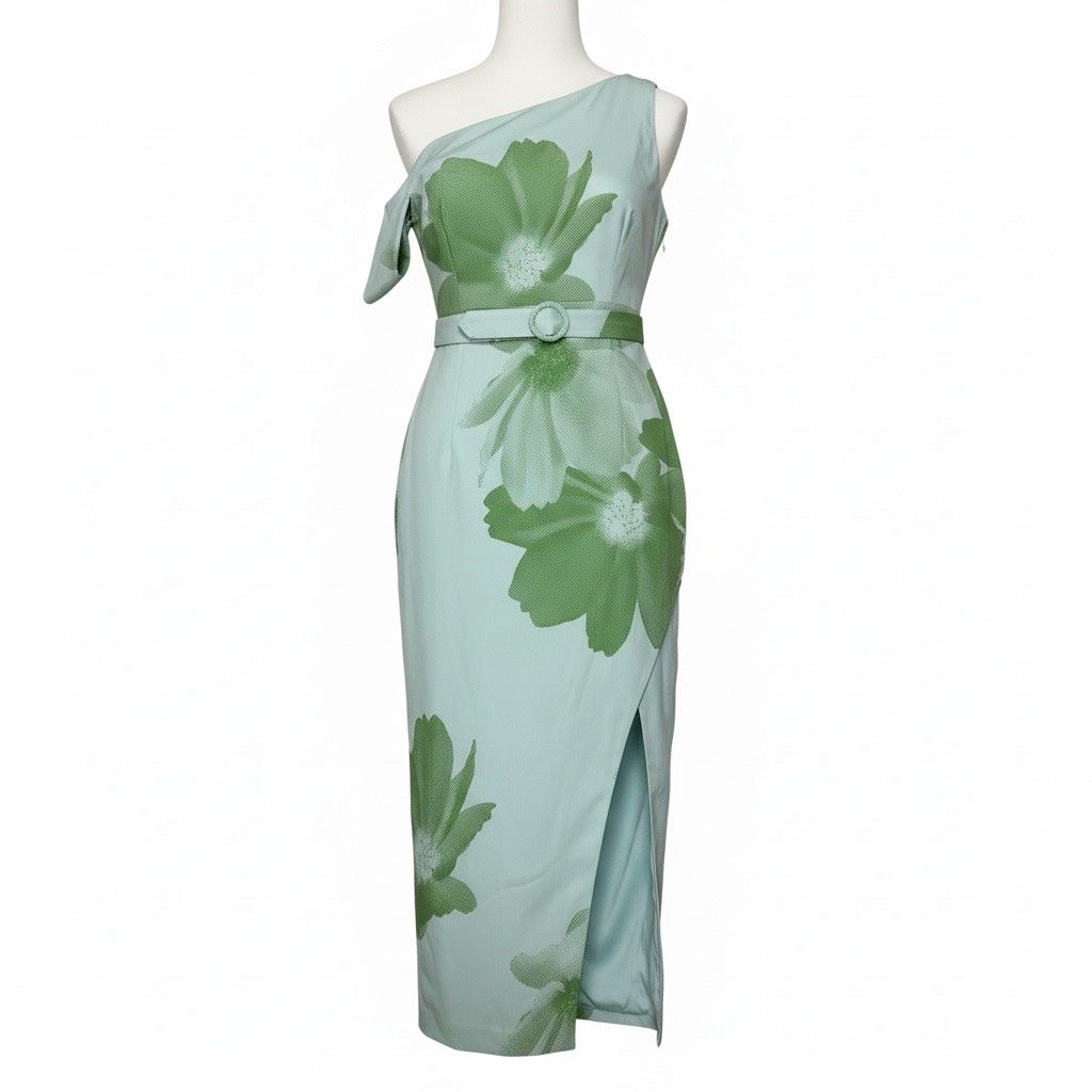 JEWEL BADGLEY MISCHKA ASYMMETRIC BELTED FLORAL PRINT GOWN
