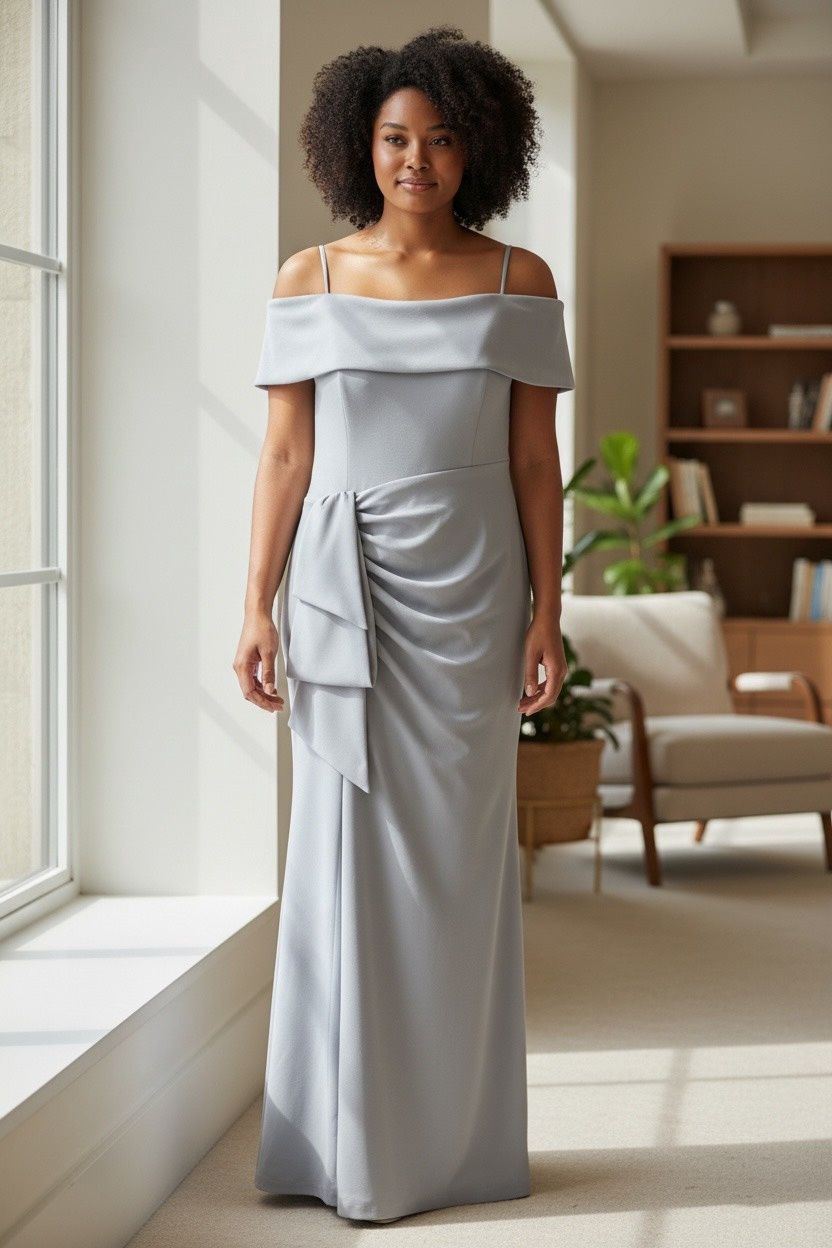 XSCAPE RUSHED OFF THE ONE SHOULDER CREPE GOWN