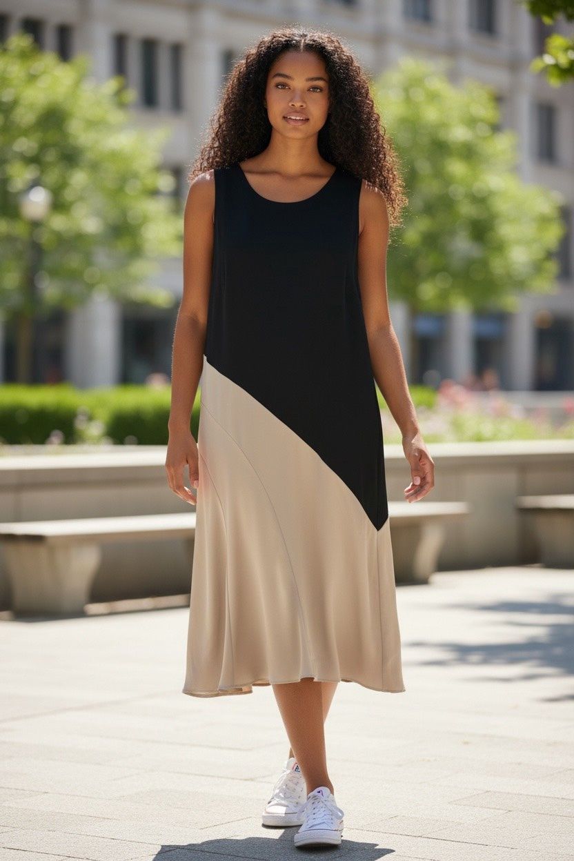 DKNY ASYMMETRIC COLORBLOCKED SLEEVELESS DRESS, Colour: BLACK / BEIGE, Size: 12