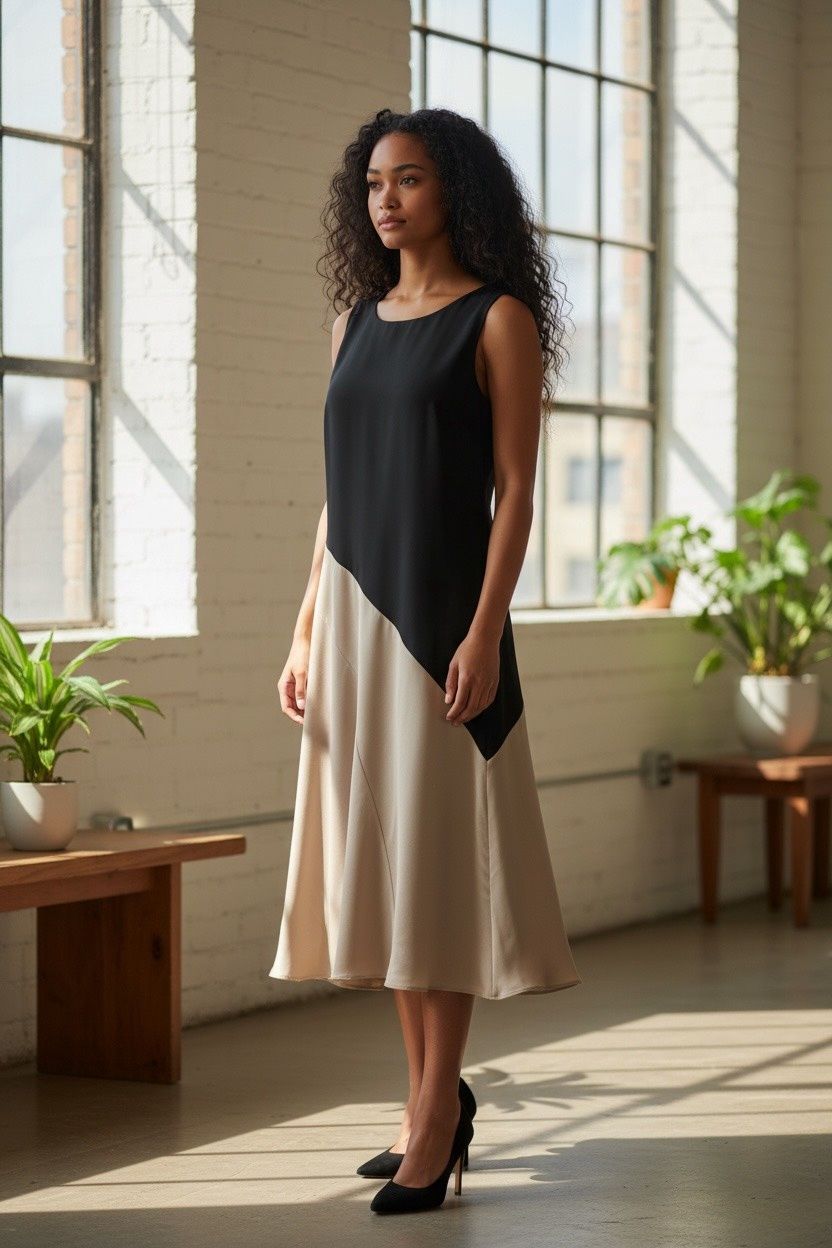 DKNY ASYMMETRIC COLORBLOCKED SLEEVELESS DRESS