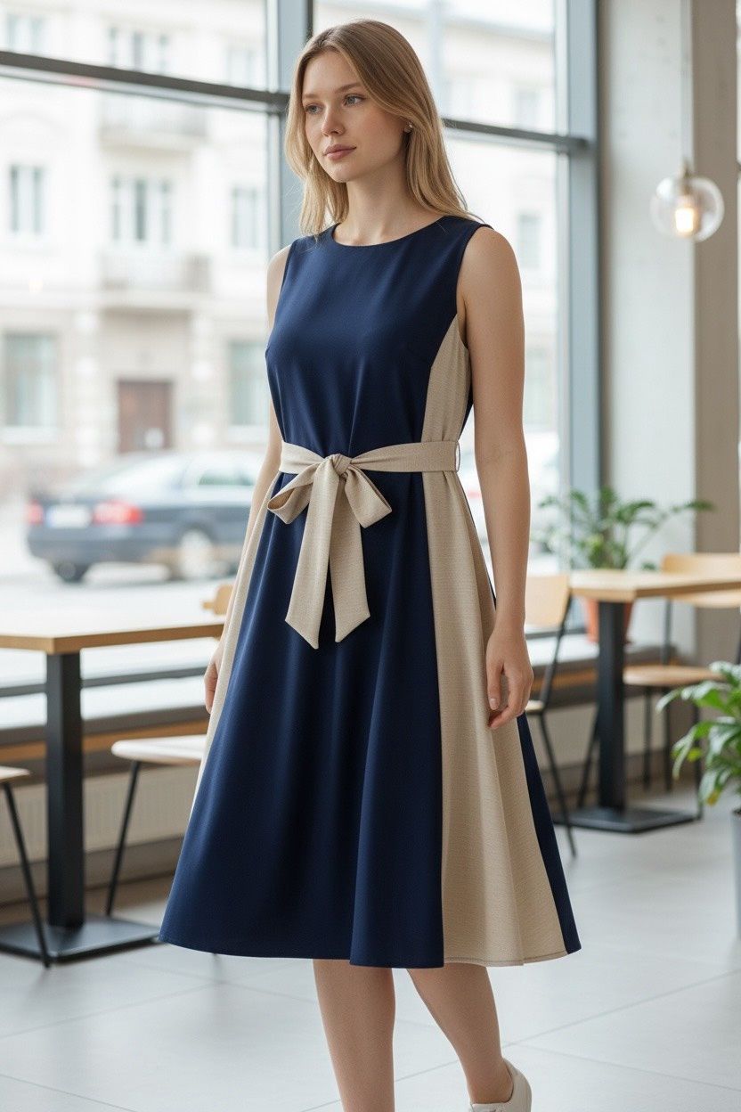CONNECTED APPAREL TWO TONE TIE WAIST DRESS