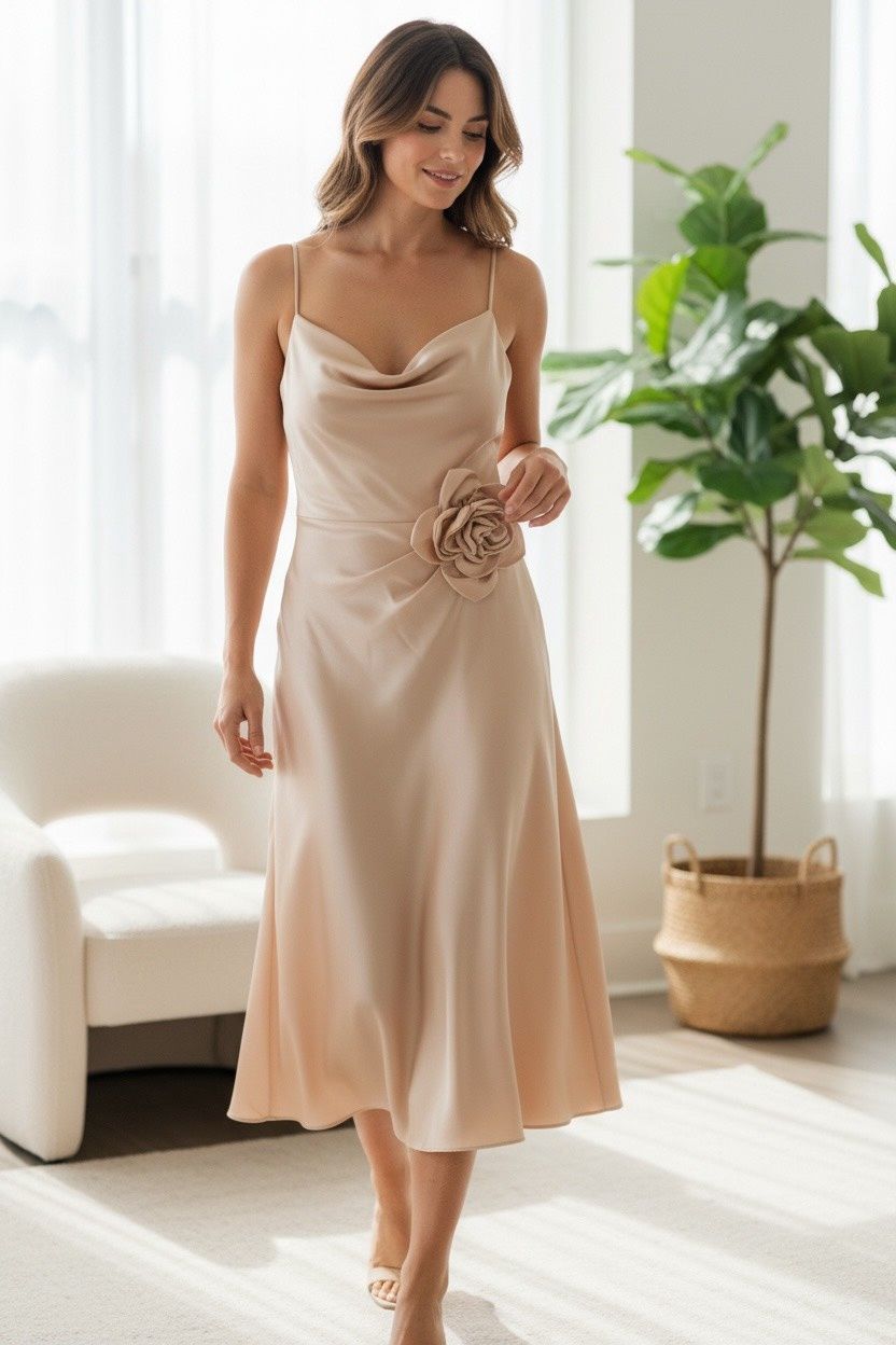 TAYLOR ASYMMETRIC ROSETTE SLEEVELESS MIDI DRESS