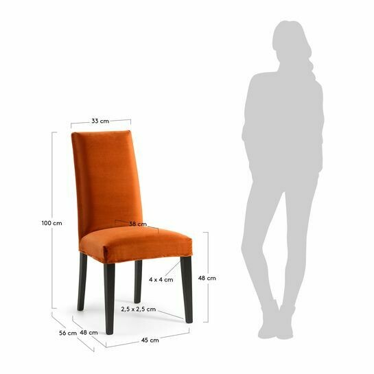 Silla Freda terciopelo naranja y patas de madera maciza de haya acabado negro