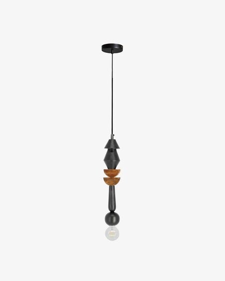 Lámpara de techo Jellis con 2 semicírculos de madera maciza mango acabado negro y natural