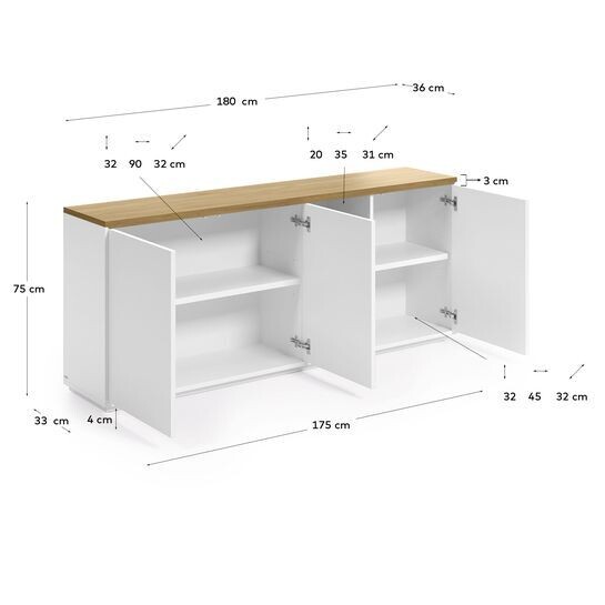 Aparador Abilen chapa roble y lacado blanco 180 x 75 cm FSC 100%