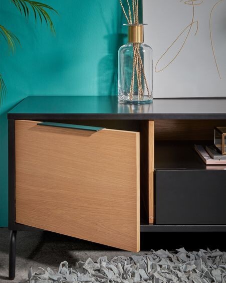 Mueble TV Savoi DM lacado negro y acero acabado negro 120 x 50 cm