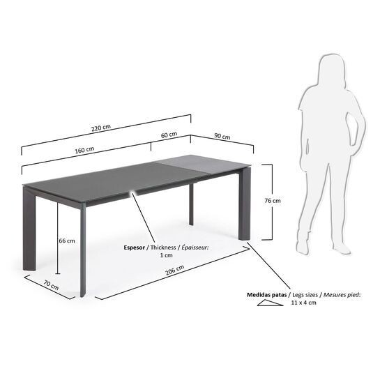 Mesa extensible Axis de cristal gris y patas de acero acabado grafito 160 (220) cm