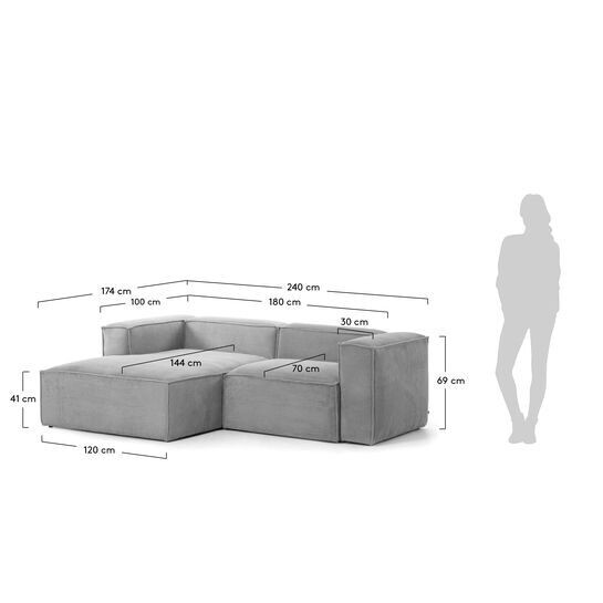Sofá Blok 2 plazas chaise longue izquierdo pana gruesa gris 240 cm