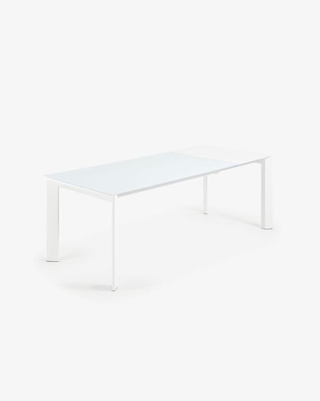 Mesa extensible Axis de cristal blanco y patas de acero acabado blanco 160 (220) cm