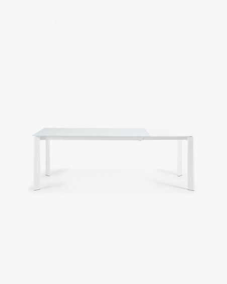 Mesa extensible Axis de cristal blanco y patas de acero acabado blanco 160 (220) cm