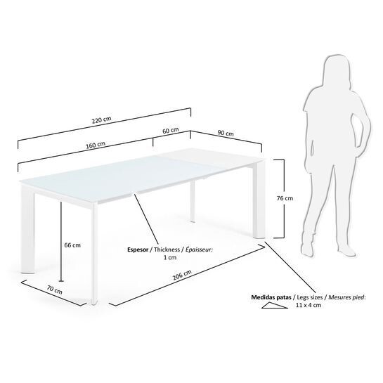 Mesa extensible Axis de cristal blanco y patas de acero acabado blanco 160 (220) cm