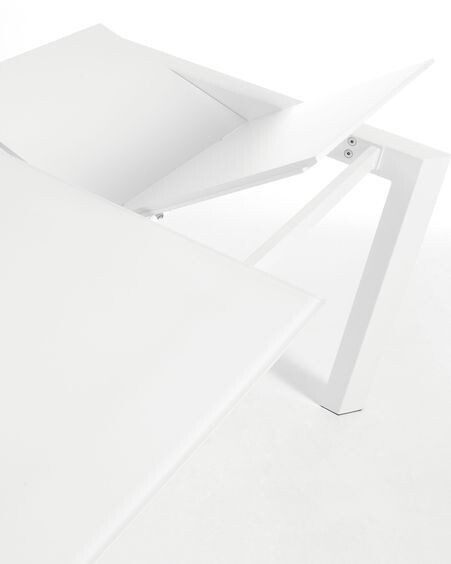 Mesa extensible Axis de cristal blanco y patas de acero acabado blanco 160 (220) cm