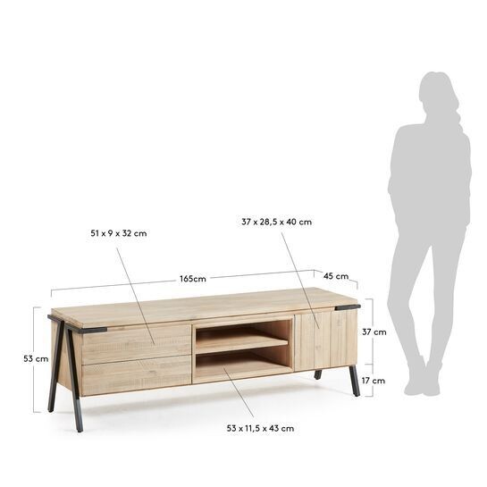 Mueble TV Thinh de madera maciza de acacia y patas de acero con acabado negro 165 x 53 cm