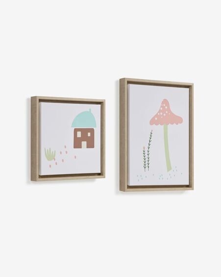 Set Leshy de 2 cuadros casa azul y seta rosa 30 x 30 cm / 30 x 40 cm