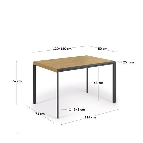 Mesa extensible Nadyria chapa de roble patas de acero acabado negro 120 (160) x 80 cm