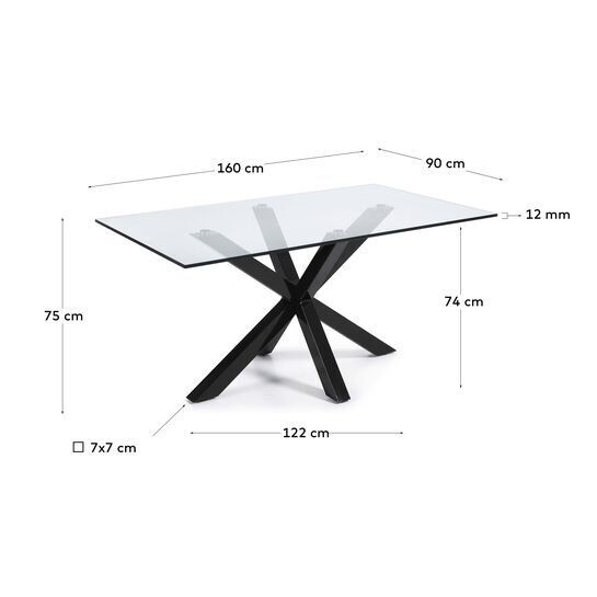 Mesa Argo de cristal y patas de acero acabado negro 160 x 90 cm