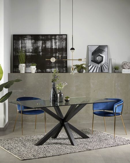 Mesa Argo de cristal y patas de acero acabado negro 160 x 90 cm