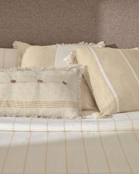 Funda de cojín Silene 100% algodón beige y rayas con borlas blanco 45 x 45 cm