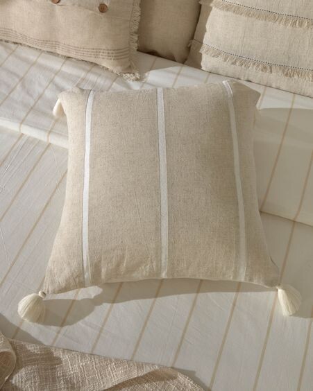 Funda de cojín Silene 100% algodón beige y rayas con borlas blanco 45 x 45 cm