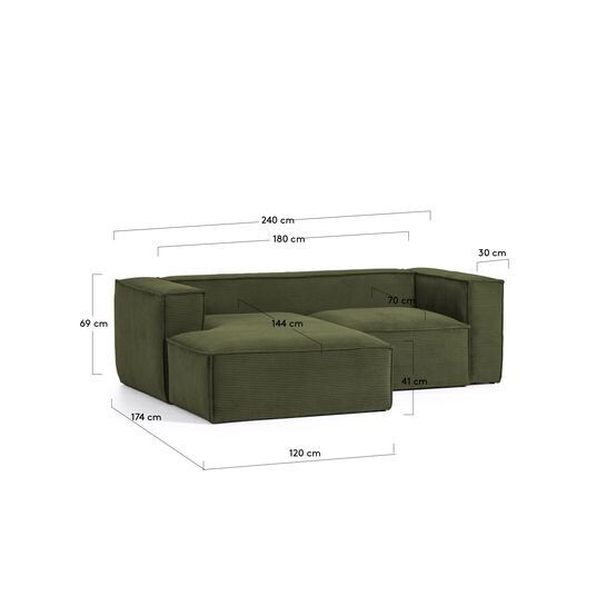 Sofá Blok 2 plazas chaise longue izquierdo pana gruesa verde 240 cm