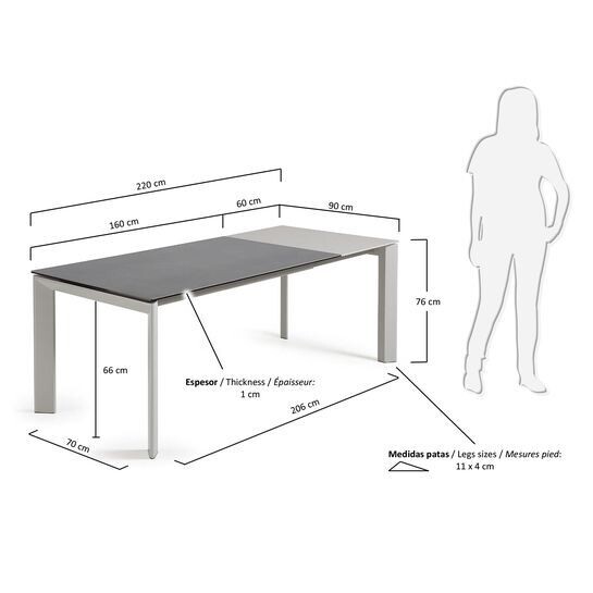 Mesa extensible Axis porcelánico acabado Vulcano Roca patas gris 160 (220) cm