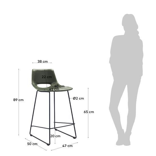 Taburete Zahara piel sintética verde y acero con acabado negro altura 65 cm